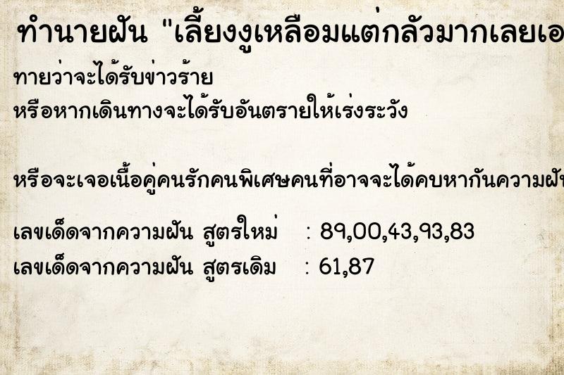 ทำนายฝันเลี้ยงงูเหลือมแต่กลัวมากเลยเอาให้คนอื่น ทำนายฝันทำนายฝันเลี้ยงงูเหลือมแต่กลัวมากเลยเอาให้คนอื่น