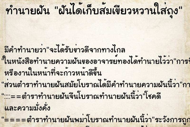 ทำนายฝันฝันได้เก็บส้มเขียวหวานใส่ถุง ทำนายฝันทำนายฝันฝันได้เก็บส้มเขียวหวานใส่ถุง