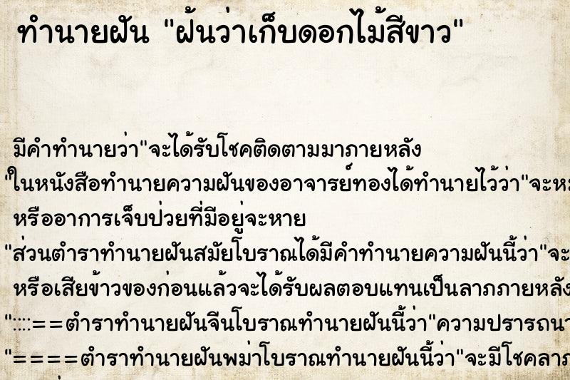 ทำนายฝันฝ้นว่าเก็บดอกไม้สีขาว ทำนายฝันทำนายฝันฝ้นว่าเก็บดอกไม้สีขาว
