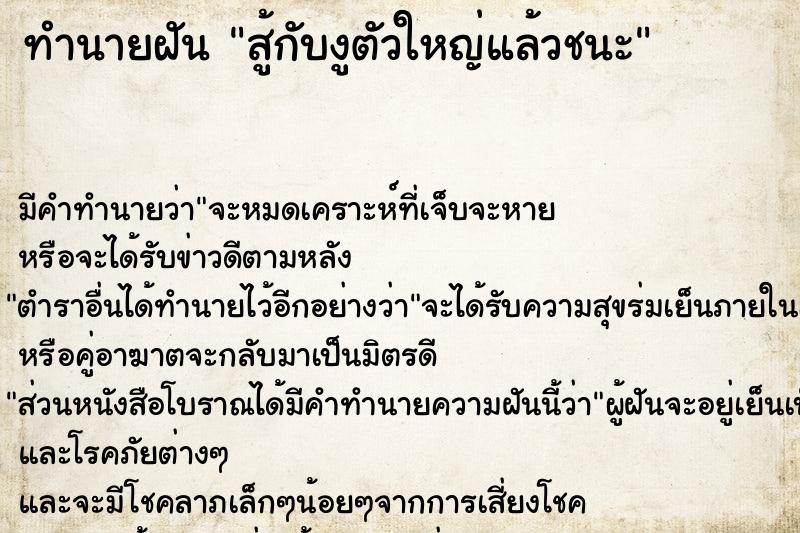 ทำนายฝัน สู้กับงูตัวใหญ่แล้วชนะ ทำนายฝัน สู้กับงูตัวใหญ่แล้วชนะ