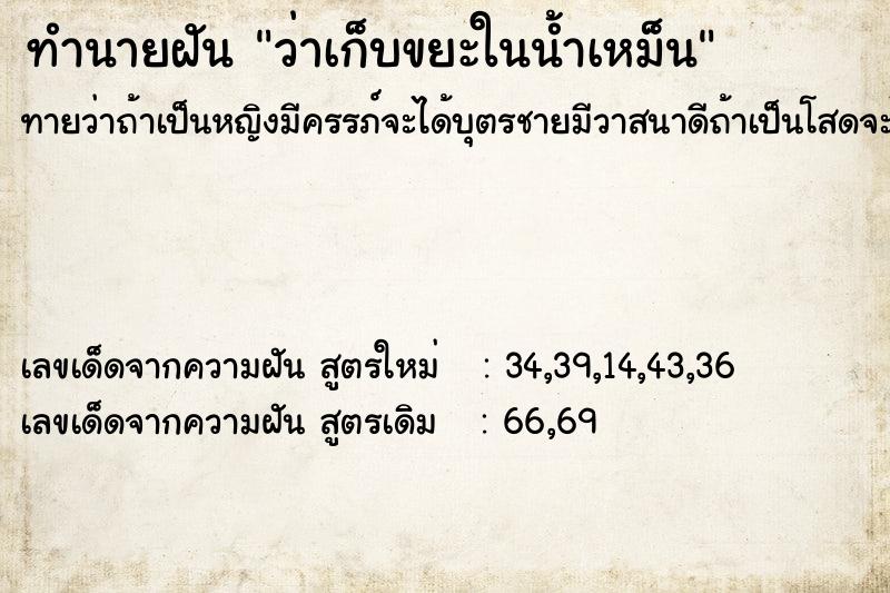 ทำนายฝันทำนายฝันว่าเก็บขยะในน้ำเหม็น