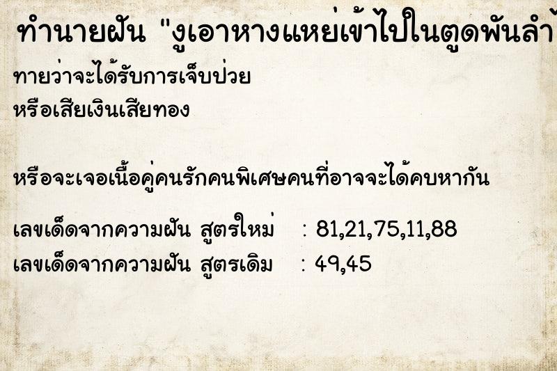 ทำนายฝันงูเอาหางแหย่เข้าไปในตูดพันลำไส้เกือบตาย ทำนายฝันทำนายฝันงูเอาหางแหย่เข้าไปในตูดพันลำไส้เกือบตาย