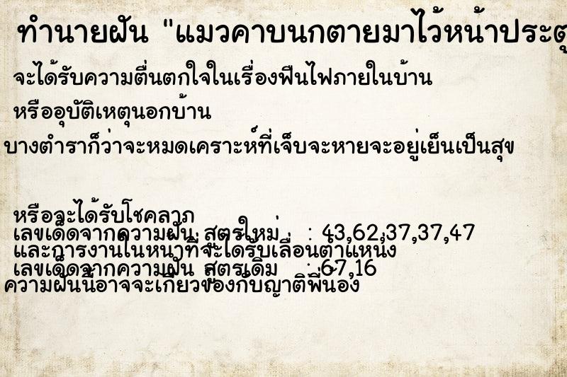 ทำนายฝันแมวคาบนกตายมาไว้หน้าประตูห้อง ทำนายฝันทำนายฝันแมวคาบนกตายมาไว้หน้าประตูห้อง