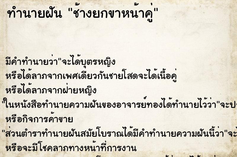 ทำนายฝัน ช้างยกขาหน้าคู่ ทำนายฝัน ช้างยกขาหน้าคู่