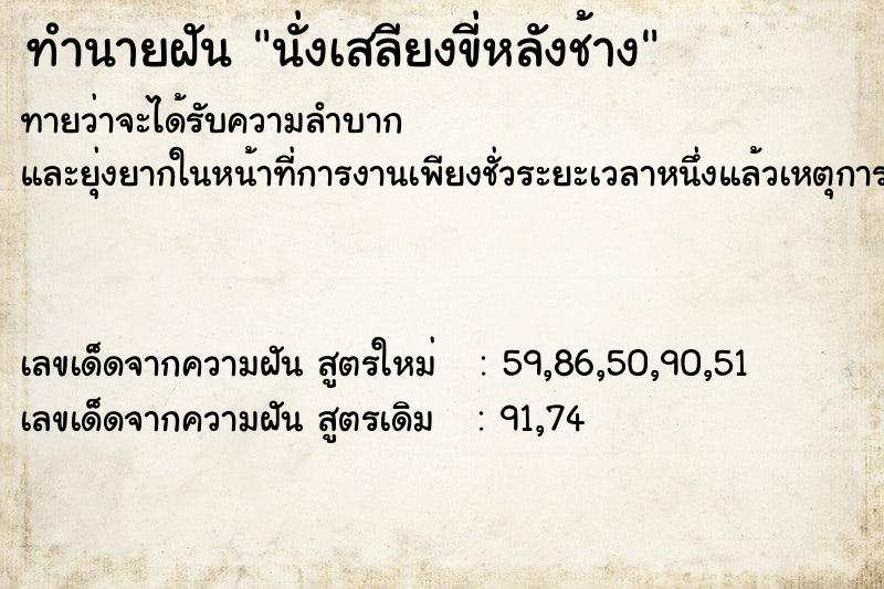 ทำนายฝันนั่งเสลียงขี่หลังช้าง ทำนายฝันทำนายฝันนั่งเสลียงขี่หลังช้าง