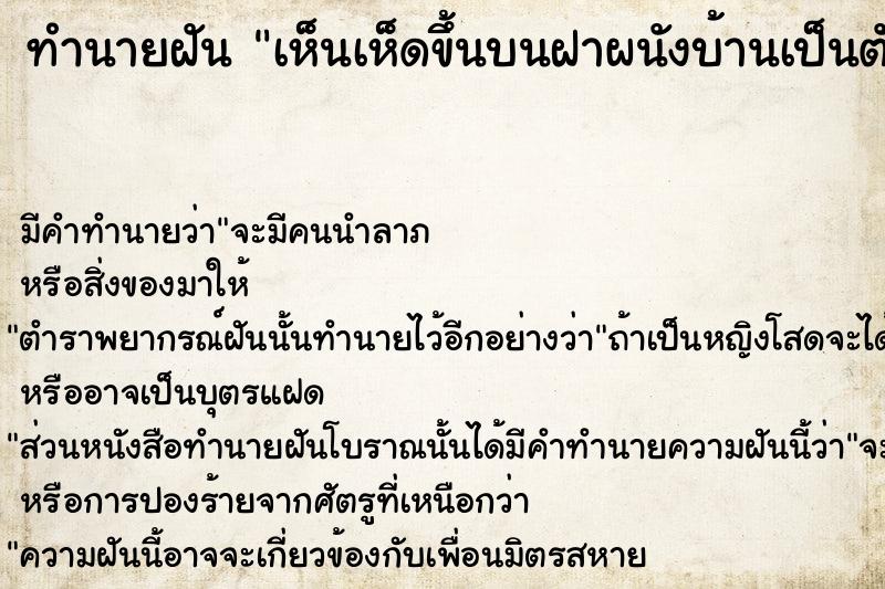 ทำนายฝัน เห็นเห็ดขึ้นบนฝาผนังบ้านเป็นตัวเลข ทำนายฝัน เห็นเห็ดขึ้นบนฝาผนังบ้านเป็นตัวเลข