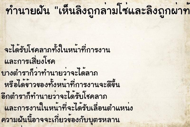 ทำนายฝันทำนายฝันเห็นลิงถูกล่ามโซ่และลิงถูกผ่าท้อง