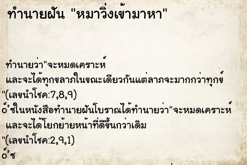 ทำนายฝัน หมาวิ่งเข้ามาหา ทำนายฝัน หมาวิ่งเข้ามาหา