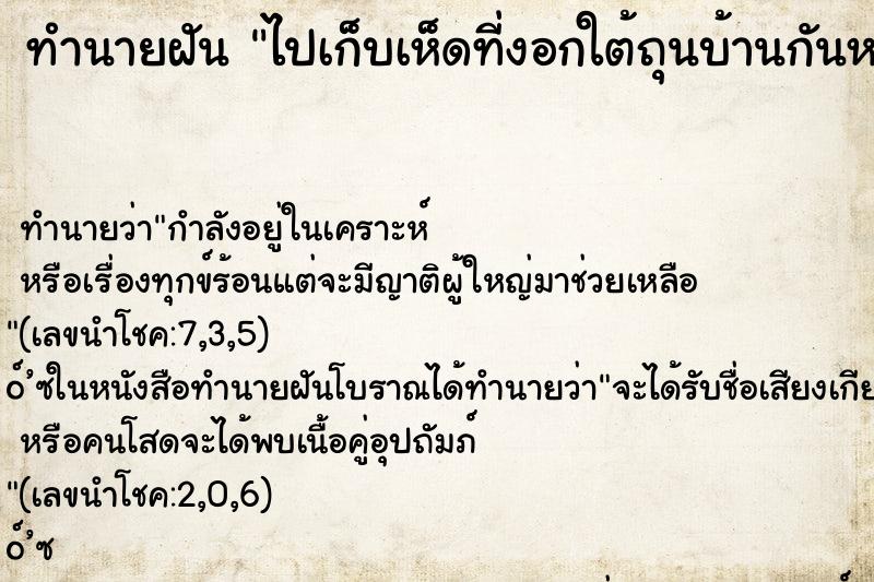 ทำนายฝันไปเก็บเห็ดที่งอกใต้ถุนบ้านกันหลายคน ทำนายฝันทำนายฝันไปเก็บเห็ดที่งอกใต้ถุนบ้านกันหลายคน