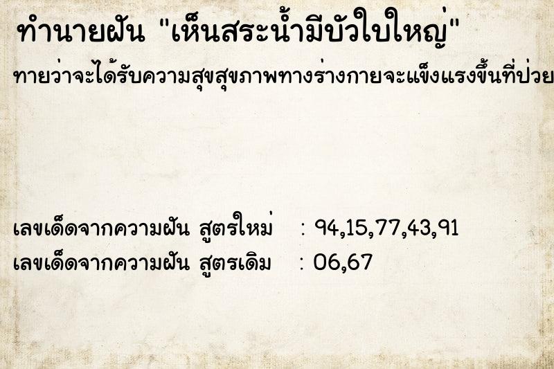 ทำนายฝันเห็นสระน้ำมีบัวใบใหญ่ ทำนายฝันทำนายฝันเห็นสระน้ำมีบัวใบใหญ่