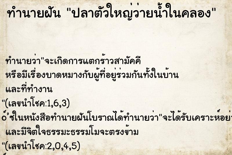 ทำนายฝันทำนายฝันปลาตัวใหญ่ว่ายน้ำในคลอง