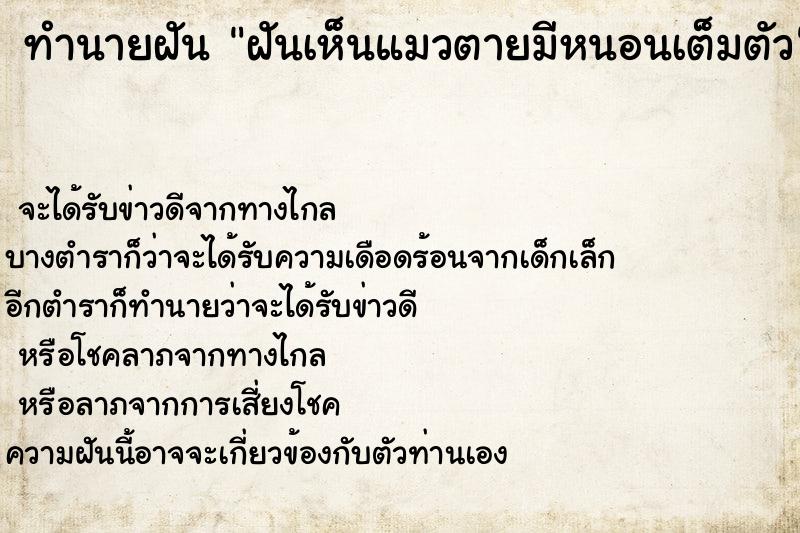 ทำนายฝันฝันเห็นแมวตายมีหนอนเต็มตัว ทำนายฝันทำนายฝันฝันเห็นแมวตายมีหนอนเต็มตัว
