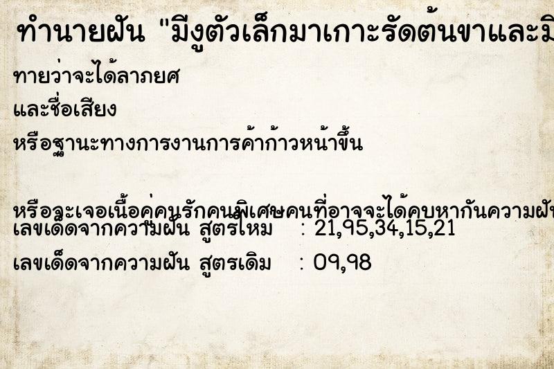 ทำนายฝัน มีงูตัวเล็กมาเกาะรัดต้นขาและมีคนดึงออกให้ ทำนายฝัน มีงูตัวเล็กมาเกาะรัดต้นขาและมีคนดึงออกให้