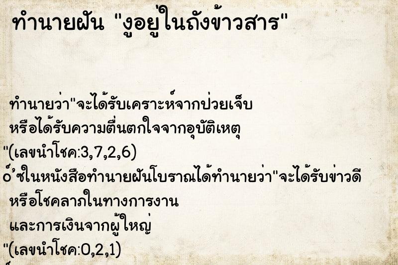 ทำนายฝัน งูอยู่ในถังข้าวสาร ทำนายฝัน งูอยู่ในถังข้าวสาร