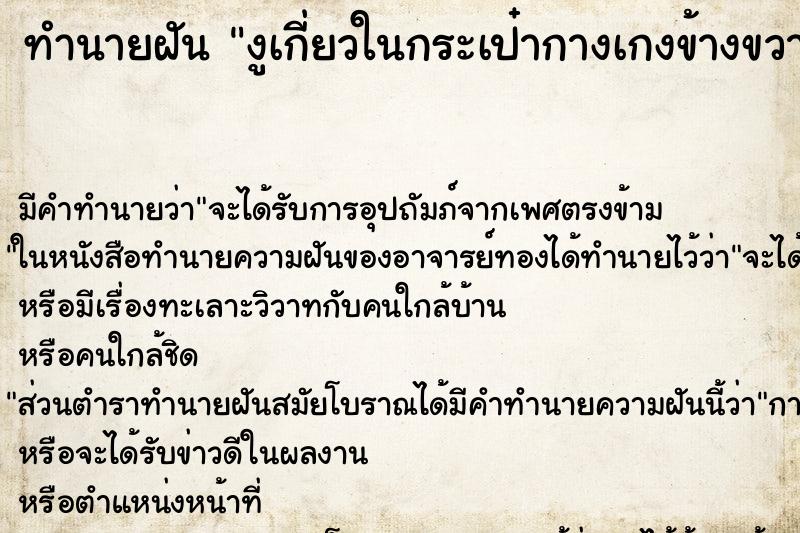 ทำนายฝันงูเกี่ยวในกระเป๋ากางเกงข้างขวา ทำนายฝันทำนายฝันงูเกี่ยวในกระเป๋ากางเกงข้างขวา