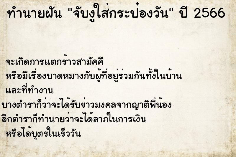 ทำนายฝันจับงูใส่กระป๋องวัน ทำนายฝันทำนายฝันจับงูใส่กระป๋องวัน