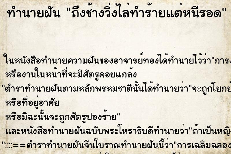 ทำนายฝัน ถึงช้างวิ่งไล่ทำร้ายแต่หนีรอด ทำนายฝัน ถึงช้างวิ่งไล่ทำร้ายแต่หนีรอด