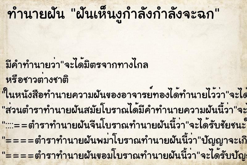 ทำนายฝันฝันเห็นงูกำลังกำลังจะฉก ทำนายฝันทำนายฝันฝันเห็นงูกำลังกำลังจะฉก
