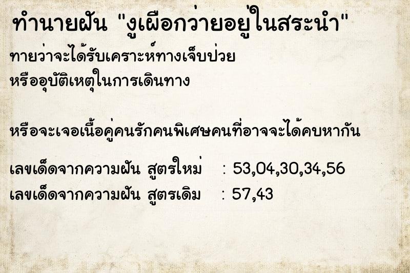 ทำนายฝันงูเผือกว่ายอยู่ในสระนำ ทำนายฝันทำนายฝันงูเผือกว่ายอยู่ในสระนำ