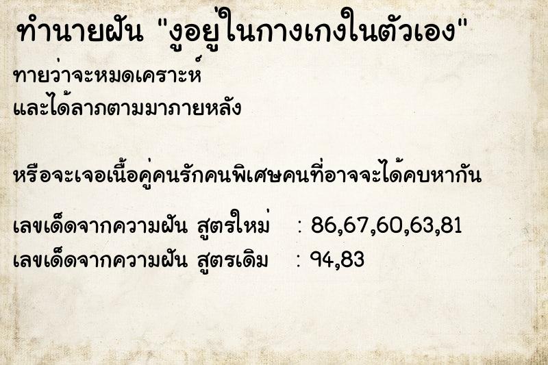 ทำนายฝันงูอยู่ในกางเกงในตัวเอง ทำนายฝันทำนายฝันงูอยู่ในกางเกงในตัวเอง