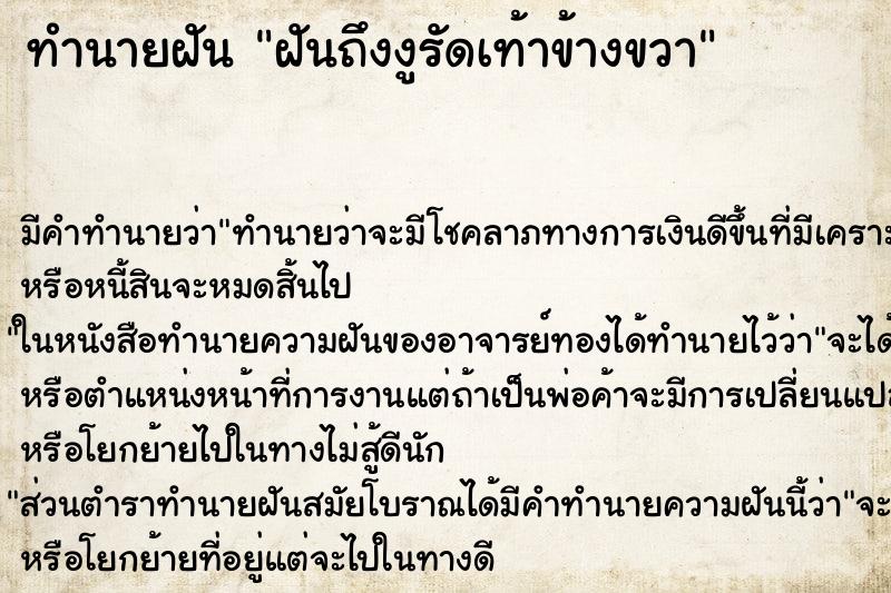 ทำนายฝัน ฝันถึงงูรัดเท้าข้างขวา ทำนายฝัน ฝันถึงงูรัดเท้าข้างขวา
