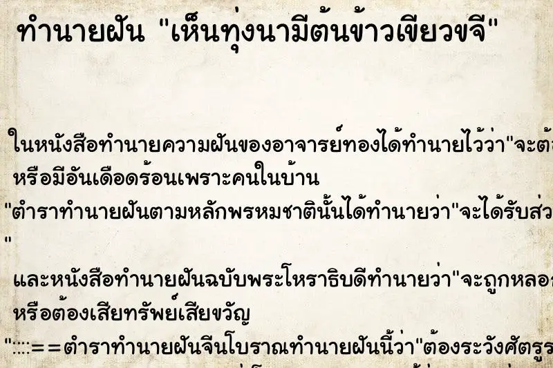 ทำนายฝัน เห็นทุ่งนามีต้นข้าวเขียวขจี ทำนายฝัน เห็นทุ่งนามีต้นข้าวเขียวขจี