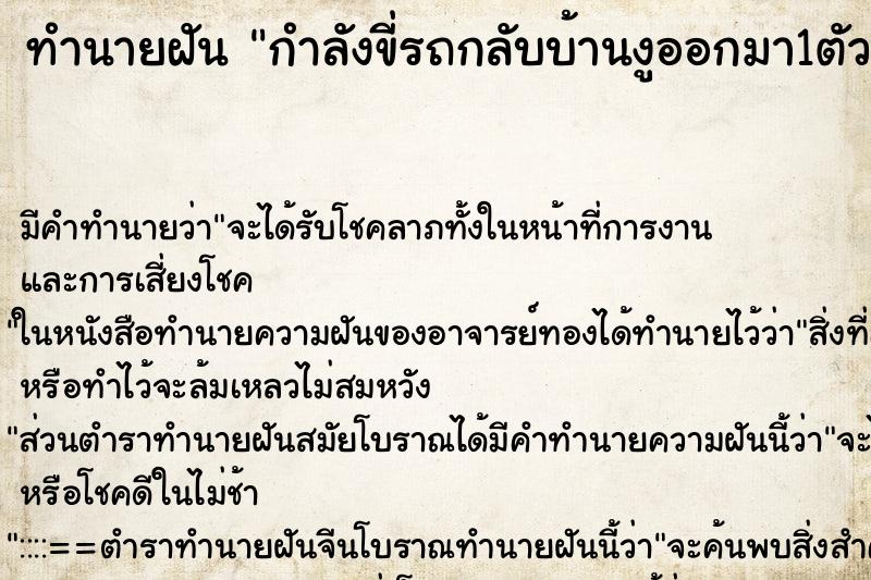 ทำนายฝันกำลังขี่รถกลับบ้านงูออกมา1ตัวแล้วออกมาอีก2ตัว ทำนายฝันทำนายฝันกำลังขี่รถกลับบ้านงูออกมา1ตัวแล้วออกมาอีก2ตัว