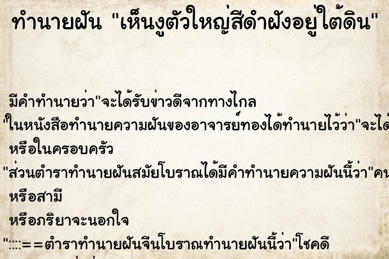ทำนายฝัน เห็นงูตัวใหญ่สีดำฝังอยู่ใต้ดิน ทำนายฝัน เห็นงูตัวใหญ่สีดำฝังอยู่ใต้ดิน