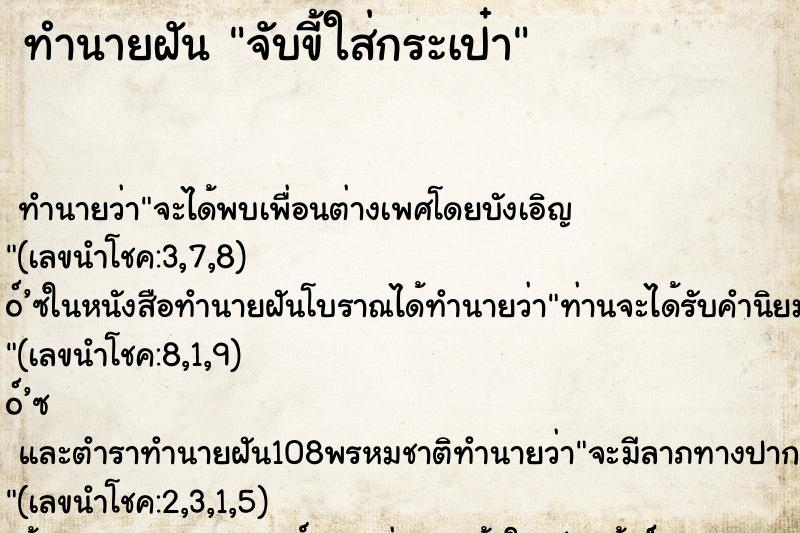 ทำนายฝัน จับขี้ใส่กระเป๋า ทำนายฝัน จับขี้ใส่กระเป๋า