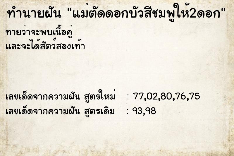 ทำนายฝันทำนายฝันแม่ตัดดอกบัวสีชมพูให้2ดอก