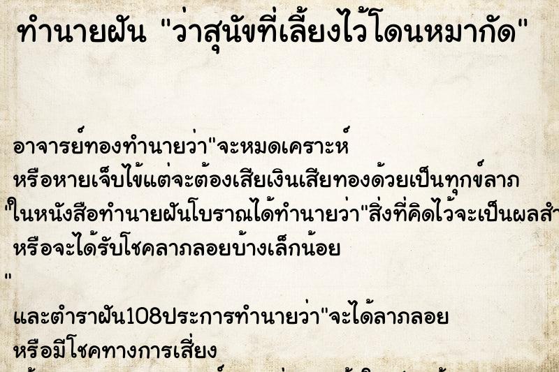 ทำนายฝันทำนายฝันว่าสุนัขที่เลี้ยงไว้โดนหมากัด
