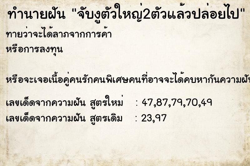ทำนายฝันจับงูตัวใหญ่2ตัวแล้วปล่อยไป ทำนายฝันทำนายฝันจับงูตัวใหญ่2ตัวแล้วปล่อยไป