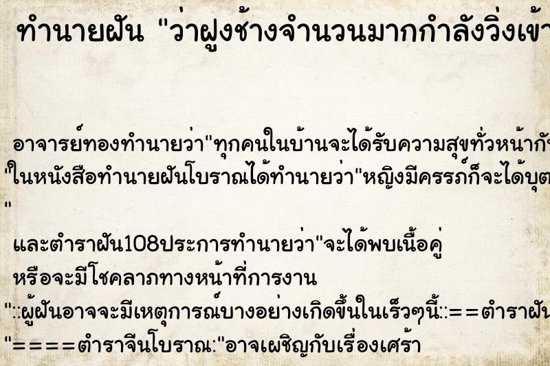 ทำนายฝันทำนายฝันว่าฝูงช้างจำนวนมากกำลังวิ่งเข้ามาในตลาด