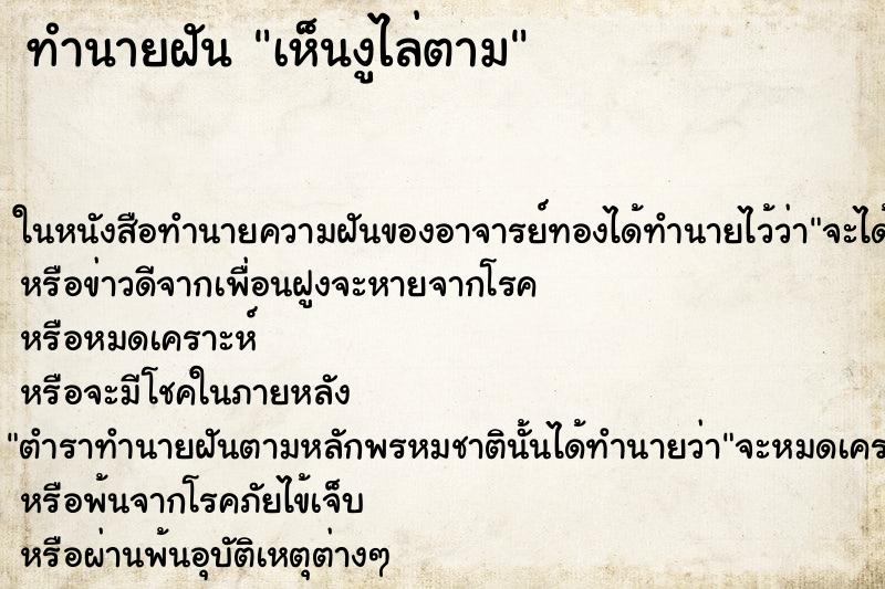 ทำนายฝันเห็นงูไล่ตาม ทำนายฝันทำนายฝันเห็นงูไล่ตาม