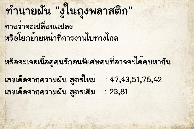 ทำนายฝัน งูในถุงพลาสติก ทำนายฝัน งูในถุงพลาสติก