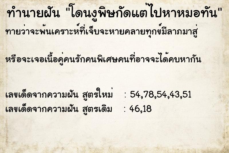 ทำนายฝันโดนงูพิษกัดแต่ไปหาหมอทัน ทำนายฝันทำนายฝันโดนงูพิษกัดแต่ไปหาหมอทัน