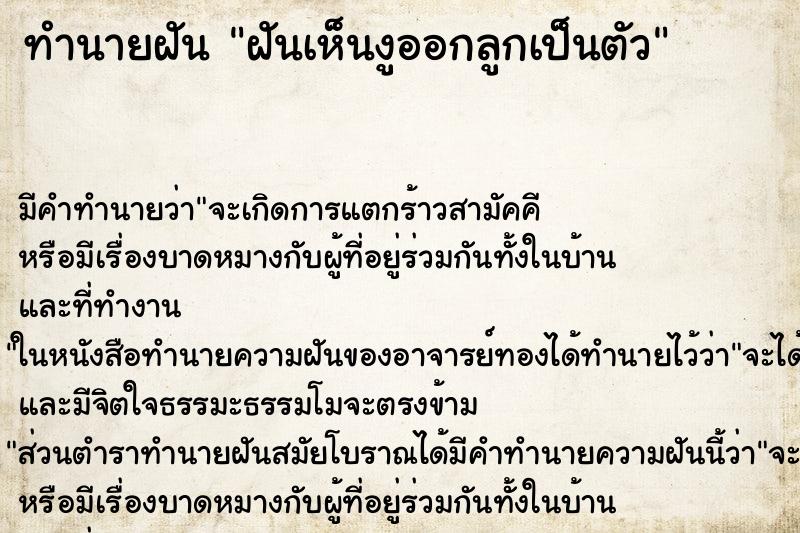 ทำนายฝัน ฝันเห็นงูออกลูกเป็นตัว ทำนายฝัน ฝันเห็นงูออกลูกเป็นตัว