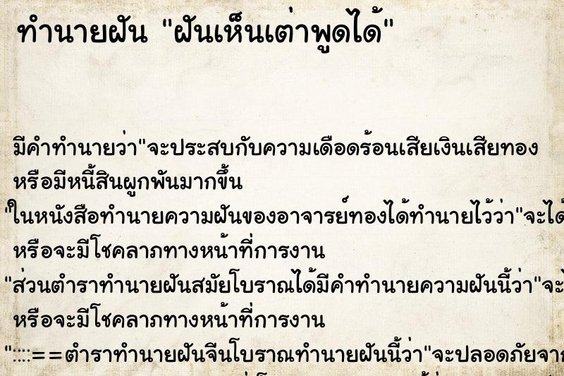 ทำนายฝันฝันเห็นเต่าพูดได้ ทำนายฝันทำนายฝันฝันเห็นเต่าพูดได้
