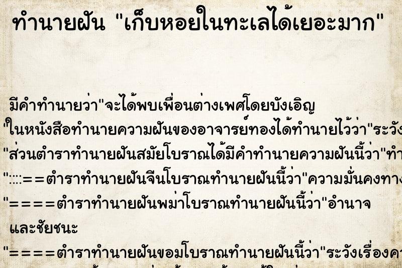 ทำนายฝัน เก็บหอยในทะเลได้เยอะมาก ทำนายฝัน เก็บหอยในทะเลได้เยอะมาก