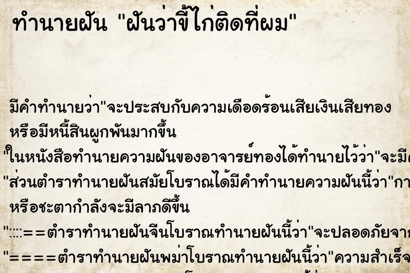 ทำนายฝัน ฝันว่าขี้ไก่ติดที่ผม ทำนายฝัน ฝันว่าขี้ไก่ติดที่ผม
