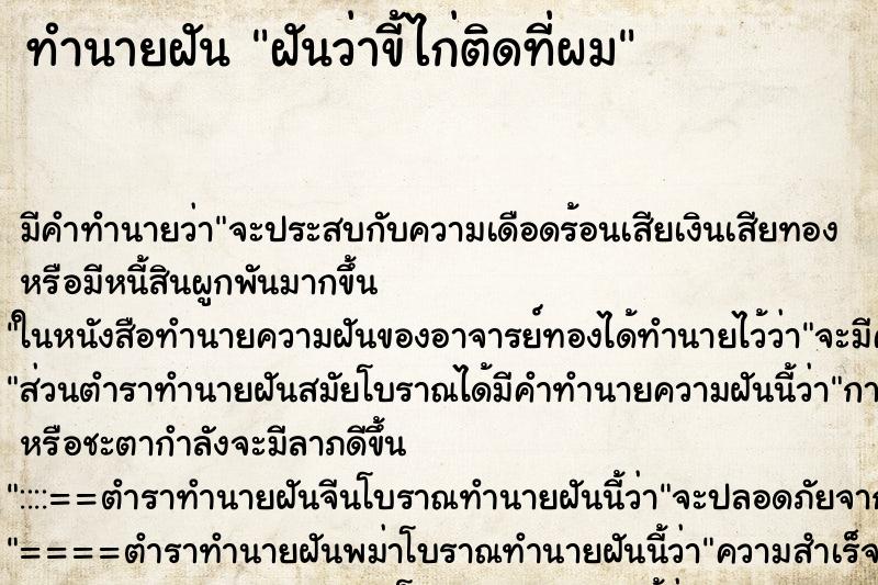 ทำนายฝัน ฝันว่าขี้ไก่ติดที่ผม ตำราโบราณ แม่นที่สุดในโลก