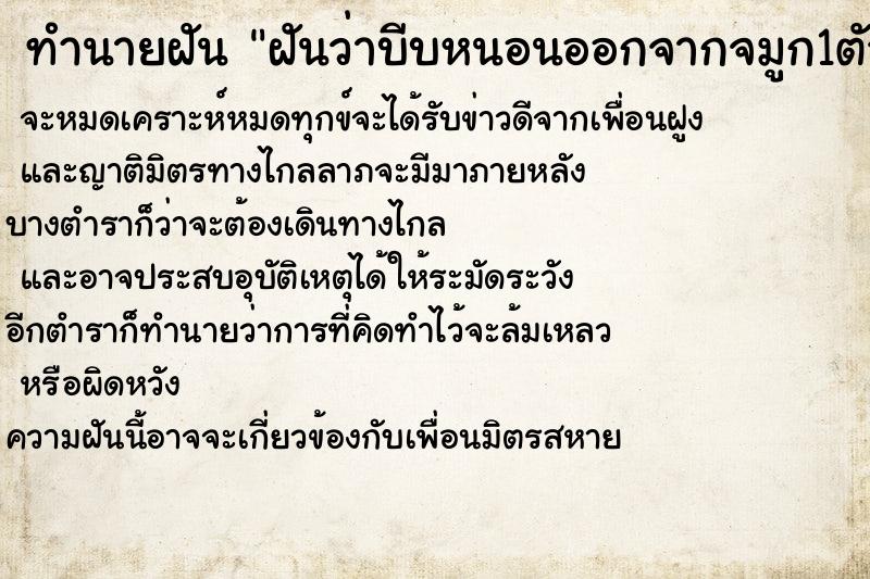 ทำนายฝันฝันว่าบีบหนอนออกจากจมูก1ตัว ทำนายฝันทำนายฝันฝันว่าบีบหนอนออกจากจมูก1ตัว