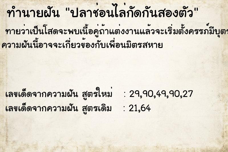 ทำนายฝันปลาช่อนไล่กัดกันสองตัว ทำนายฝันทำนายฝันปลาช่อนไล่กัดกันสองตัว