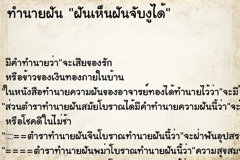 ทำนายฝัน ฝันเห็นฝันจับงูได้