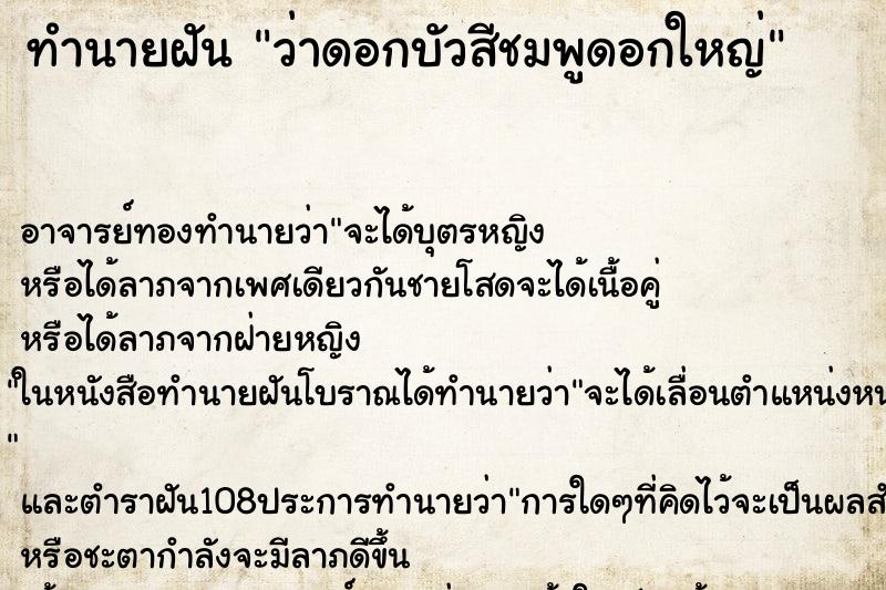 ทำนายฝันว่าดอกบัวสีชมพูดอกใหญ่ ทำนายฝันทำนายฝันว่าดอกบัวสีชมพูดอกใหญ่