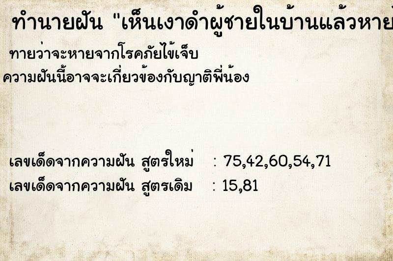 ทำนายฝันเห็นเงาดำผู้ชายในบ้านแล้วหายไป ทำนายฝันทำนายฝันเห็นเงาดำผู้ชายในบ้านแล้วหายไป