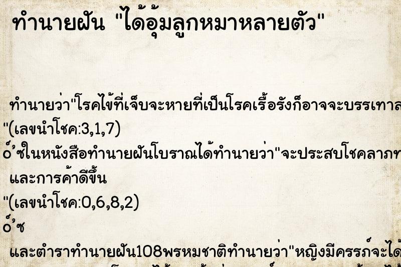 ทำนายฝัน ได้อุ้มลูกหมาหลายตัว ทำนายฝัน ได้อุ้มลูกหมาหลายตัว