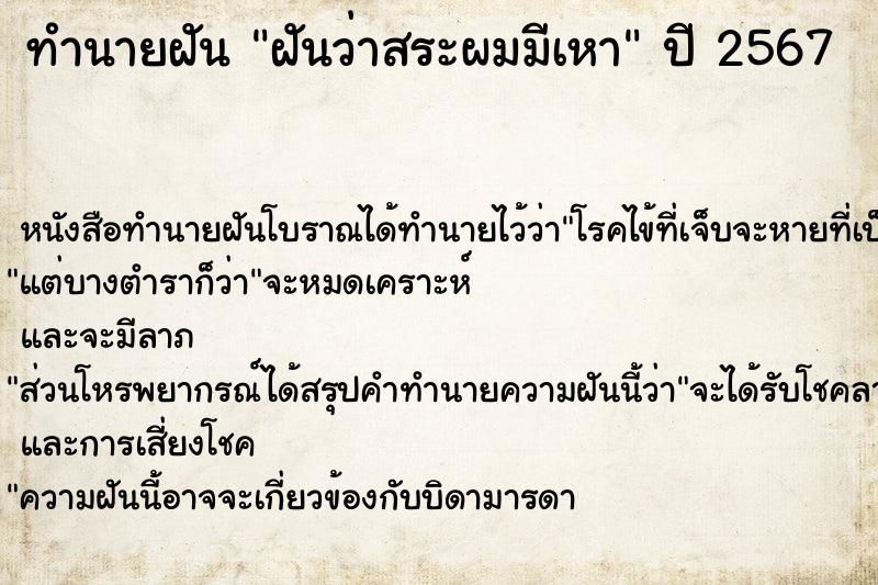 ทำนายฝัน ฝันว่าสระผมมีเหา ทำนายฝัน ฝันว่าสระผมมีเหา