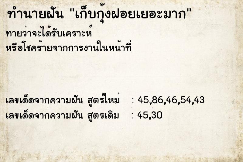 ทำนายฝันเก็บกุ้งฝอยเยอะมาก ทำนายฝันทำนายฝันเก็บกุ้งฝอยเยอะมาก