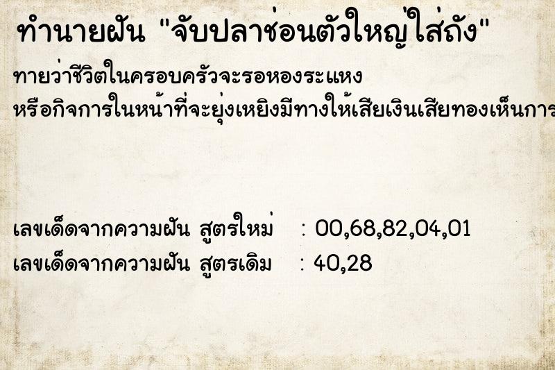 ทำนายฝันทำนายฝันจับปลาช่อนตัวใหญ่ใส่ถัง